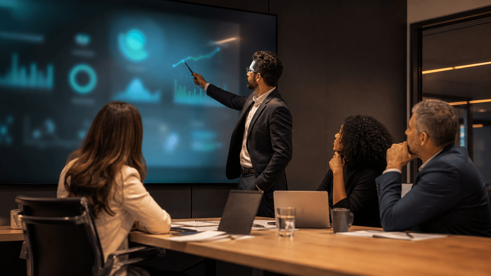 Liderança analisando indicadores estratégicos em uma reunião