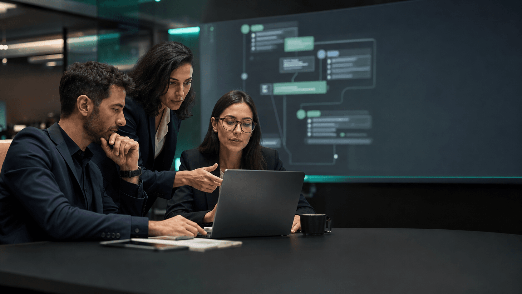 Equipe comercial acompanhando atendimentos integrados em um escritório